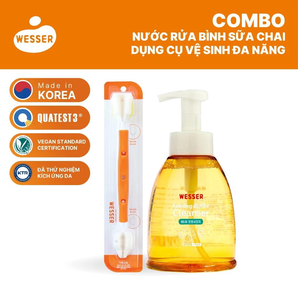 Combo nước rửa bình sữa chai + Dụng cụ vệ sinh bình sữa đa năng Wesser
