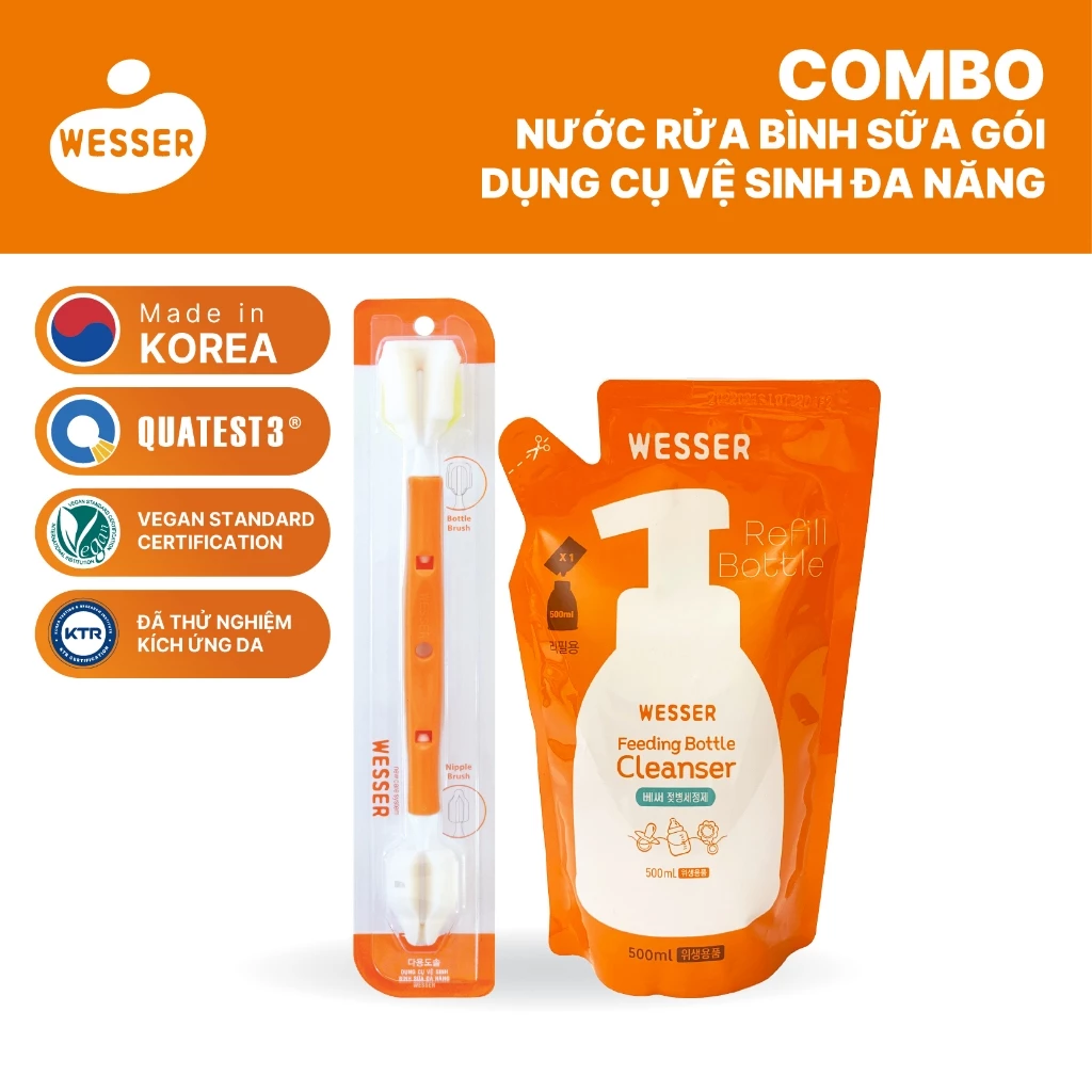 Bộ nước rửa bình sữa gói + Dụng cụ vệ sinh bình sữa đa năng Wesser (Nhập khẩu Hàn Quốc)