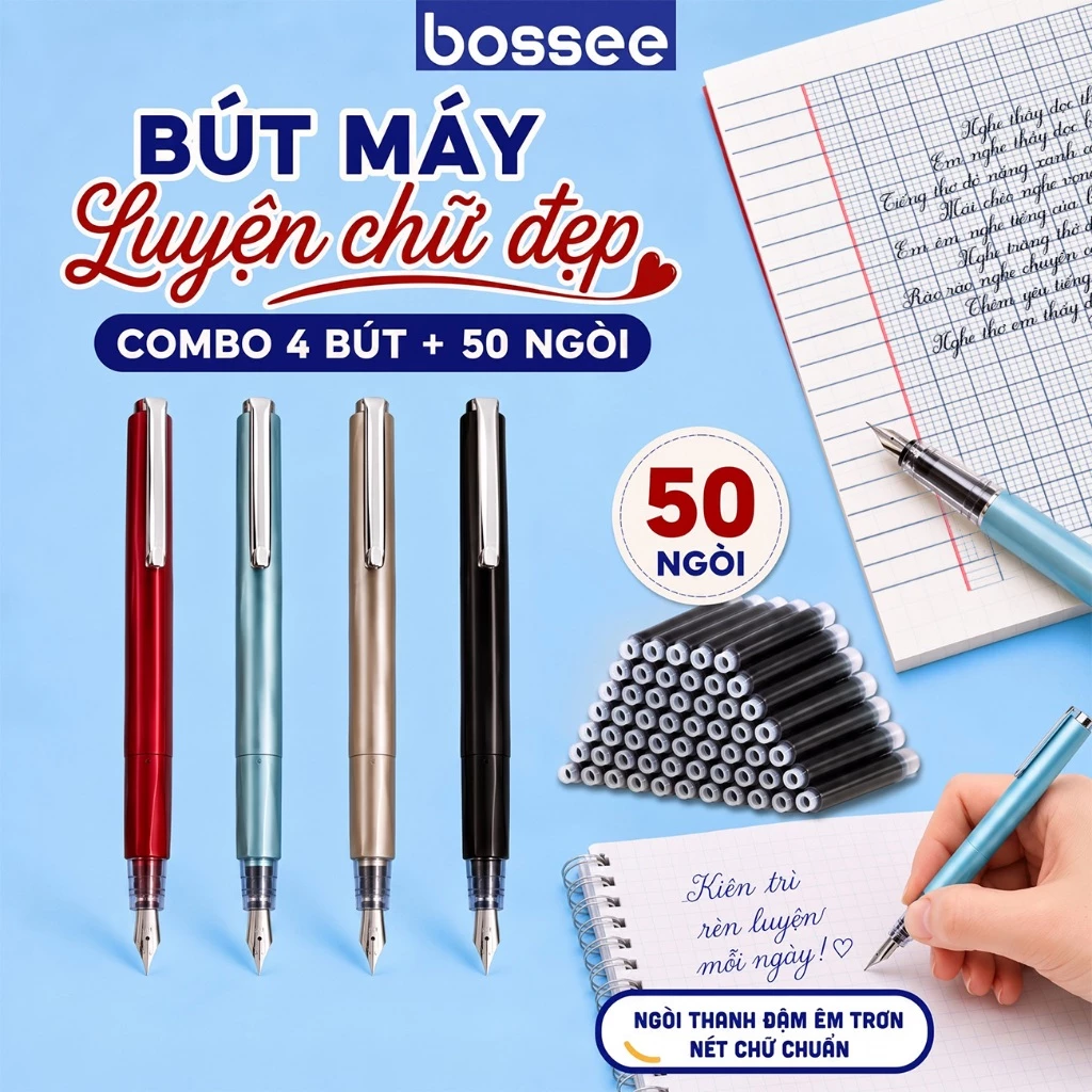 COMBO 4 Bút Máy + 50 Ống Mực - Bút Viết Học Sinh Ngòi EF Cao Cấp Luyện Chữ Đẹp Viết Thanh Đậm 3 Màu Mực Đen/Xanh/Tím