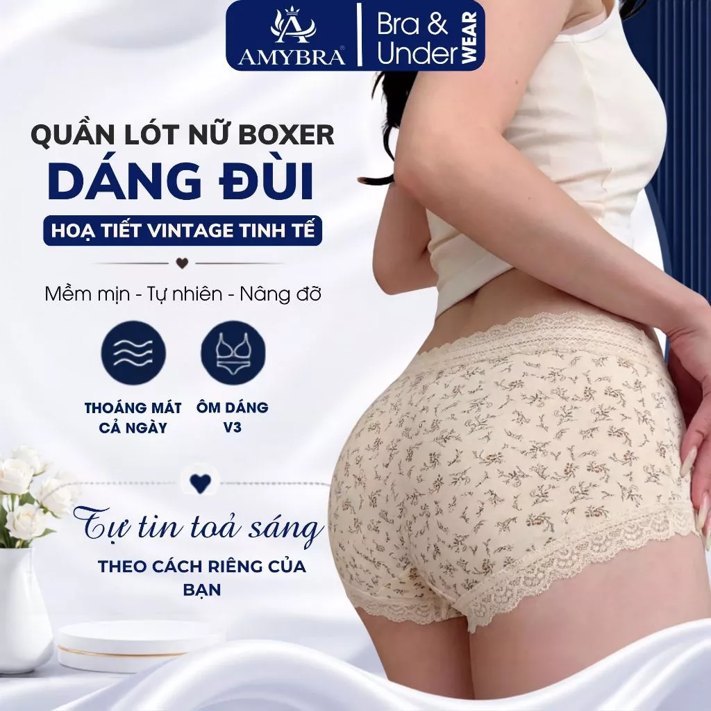 Quần Lót Nữ Dáng Đùi Cotton Cao Cấp, Quần Boxer Nữ Cạp Quần Phối Ren Nhẹ Nhàng Nữ Tính AMYBRA L5272