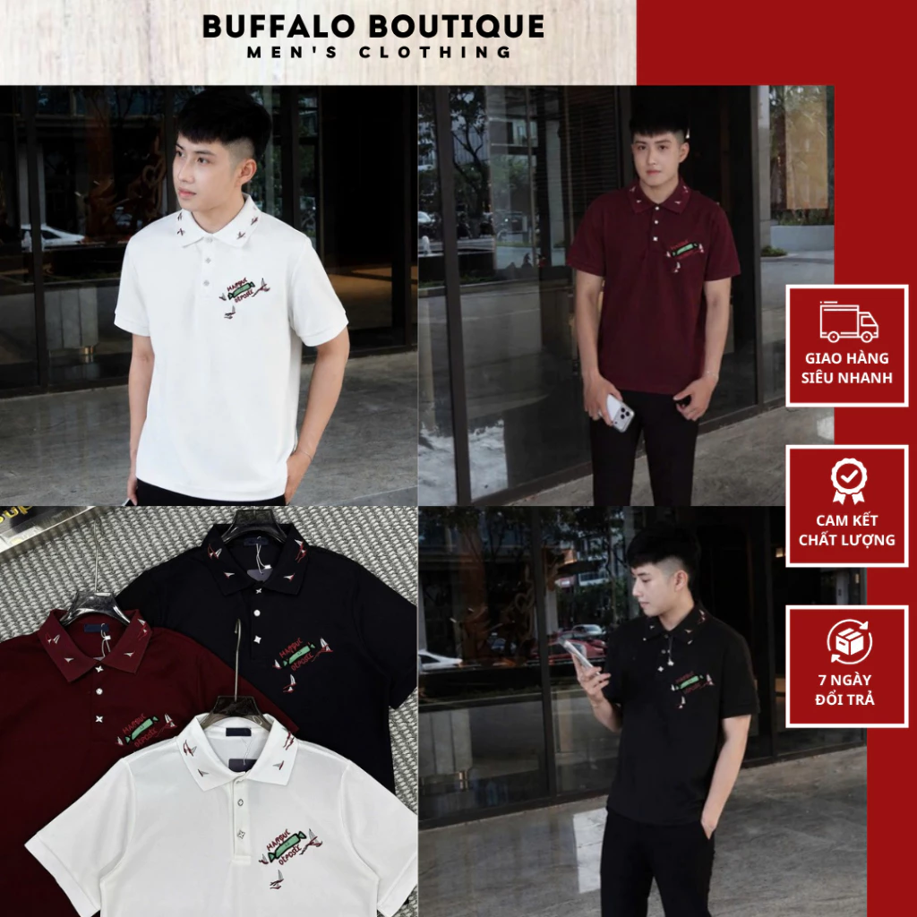 Áo Polo Nam Thêu Thuyền Quanh Cổ Siêu Nét - Polo Nam Nữ Thêu Chữ Marque Chéo Bên Ngực Cao Cấp