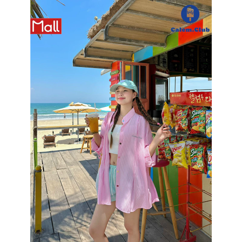 Calem.Club - Áo sơ mi Khoác Ngoài tay dài phối dây cột nơ COLORFUL BUTTON thêu Calem áo sơ mi kẻ sọc Nữ Women Top Shirt