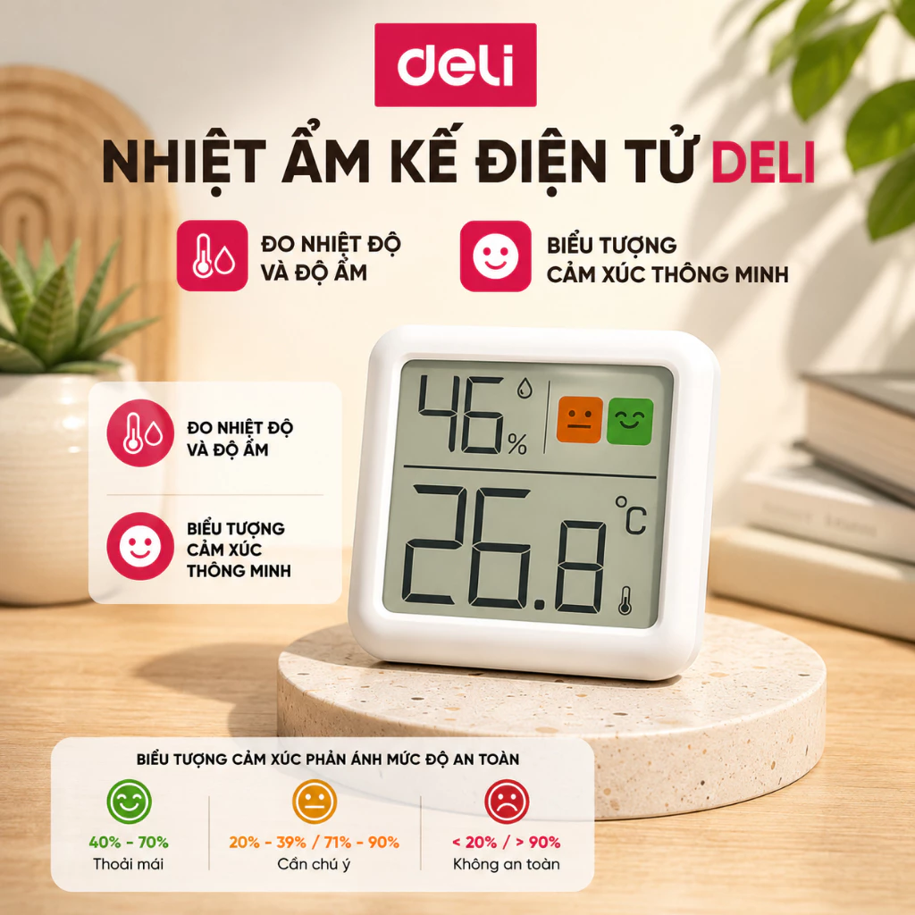 Nhiệt ẩm kế điện tử Deli - Đo nhiệt độ độ ẩm nhỏ gọn xinh xắn có biểu tượng cảm xúc