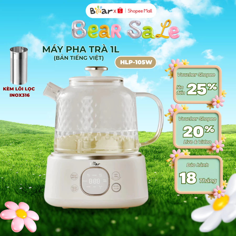 Máy Pha Trà Mini Bear HLP-105W, 800W, Đun Nước_Giữ Ấm Thông minh, Dung Tích 1L- Bảo Hành 18 Tháng