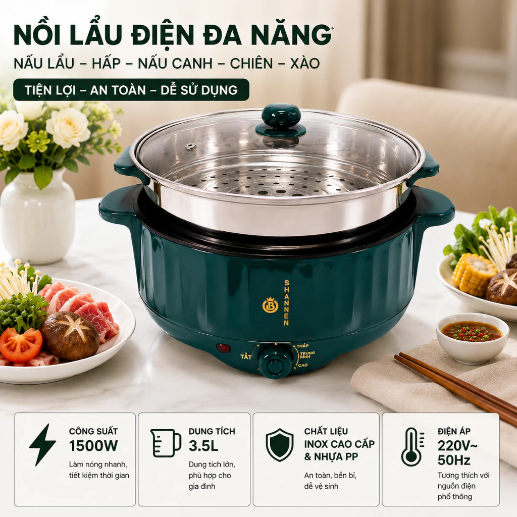 Nồi Lẩu Điện Đa Năng 2 Tầng 3-4 người ăn Công Suất Lớn 1000w Kèm Giá Hấp Inox Siêu Bền
