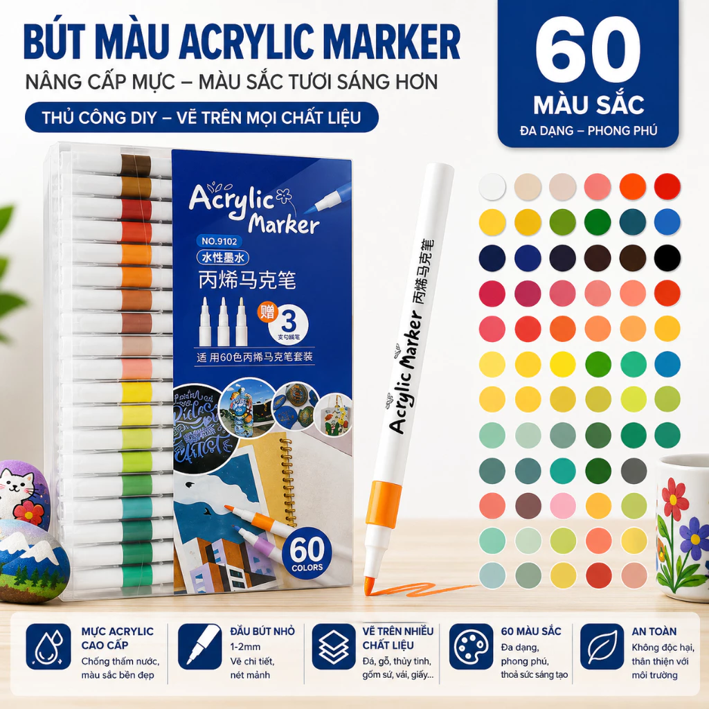 Bút Màu Acrylic Marker 60 Bút Cao Cấp Đầu Nhỏ - Chống Thấm Nước, Vẽ Lên Được Nhiều Chất Liệu
