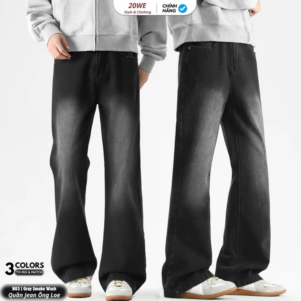 Quần jean nam Đen Loe, quần bò nam ống Loe màu Xám Đen Wash dáng baggy chất demin cao cấp phong cách Menswear - 20WE