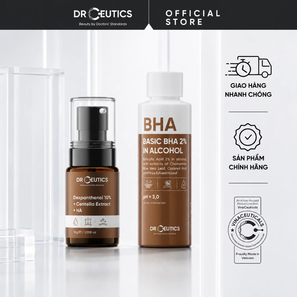 DRCEUTICS Chu Trình Tẩy Tế Bào Chết Hóa Học Và Hỗ Trợ Phục Hồi Basic BHA 2% In Alcohol 100ml + Dexpanthenol 10% 30g