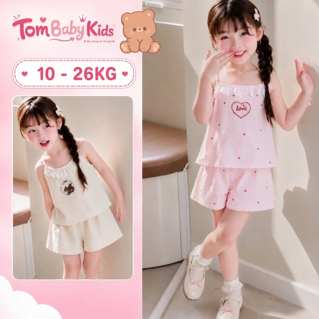 Set bộ ba lỗ bé gái, bộ 2 dây Đũi Kẻ phối Ren Ngực cho bé gái Tom Baby Kids (B-045-TH)
