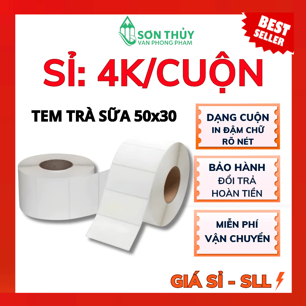 [XẢ KHO] GIẤY IN TEM TRÀ SỮA Giá Rẻ 50x30mm - Cuộn in Mã Vạch, Tem Nhiệt