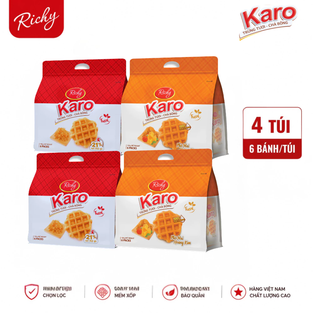 [SVIP] Combo 4 Túi - Tổng 24 chiếc Bánh Tươi Richy KARO (26g * 6 chiếc/ túi)