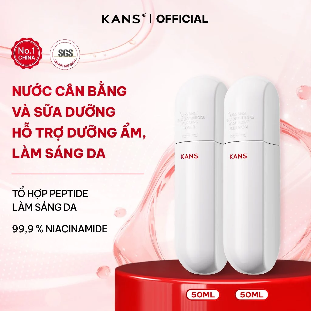 KANS Combo Toner & Lotion Dưỡng Trắng Da, Dưỡng Ẩm, Phục Hồi, Tái Tạo Da (80ml x 2) Niacinamide 99% và Vitamin C