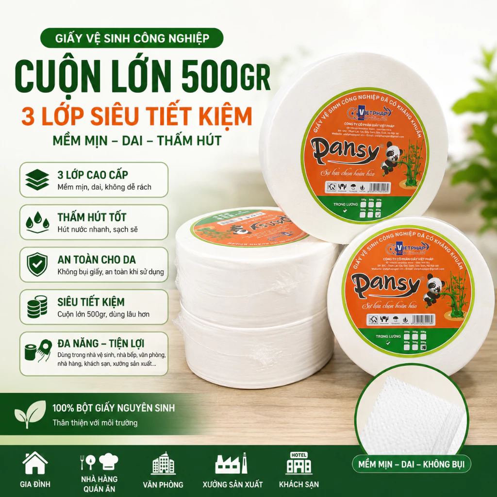 [Combo 5 Cuộn] Giấy Vệ Sinh Công Nghiệp Cuộn Lớn 500gr 3 Lớp Siêu Tiết Kiệm Mềm Mịn Dai Thấm Hút, Giấy Lau, Khăn Giấy