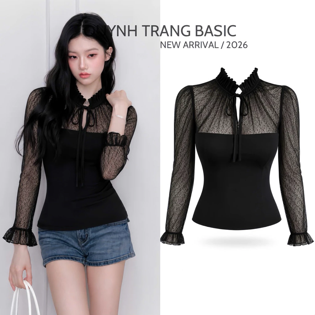 Taliyaver Top /Áo Ren Lưới Cổ Bèo Nơ Cột Tay Dài Ôm Body By QuynhTrangBasic