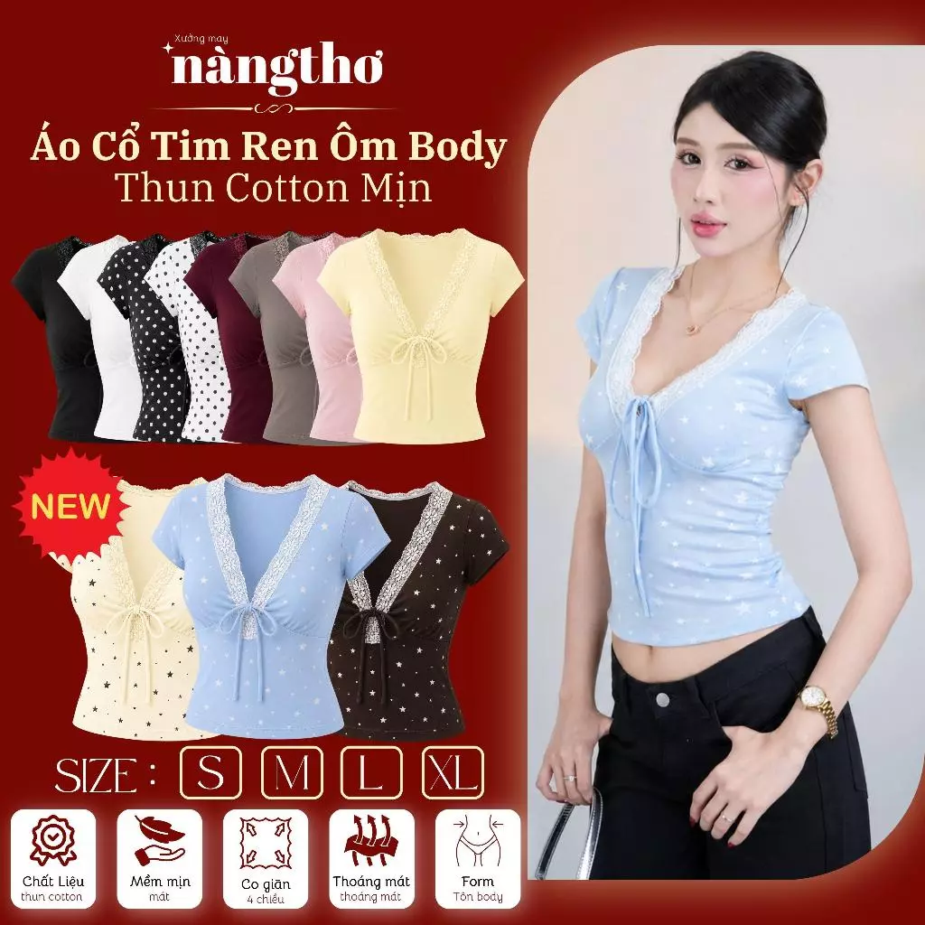 377[MÀU ĐỘC QUYỀN] Áo Kiểu Nữ Cổ Tim Phối Ren Cột Dây Ôm Dáng Chất Thun Mịn