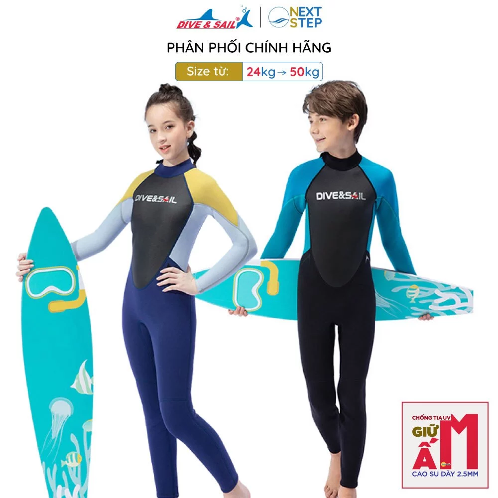 Đồ bơi giữ nhiệt bé trai DIVE AND SAIL tay dài quần dài cao su dày 2.5mm chống tia UV giữ ấm