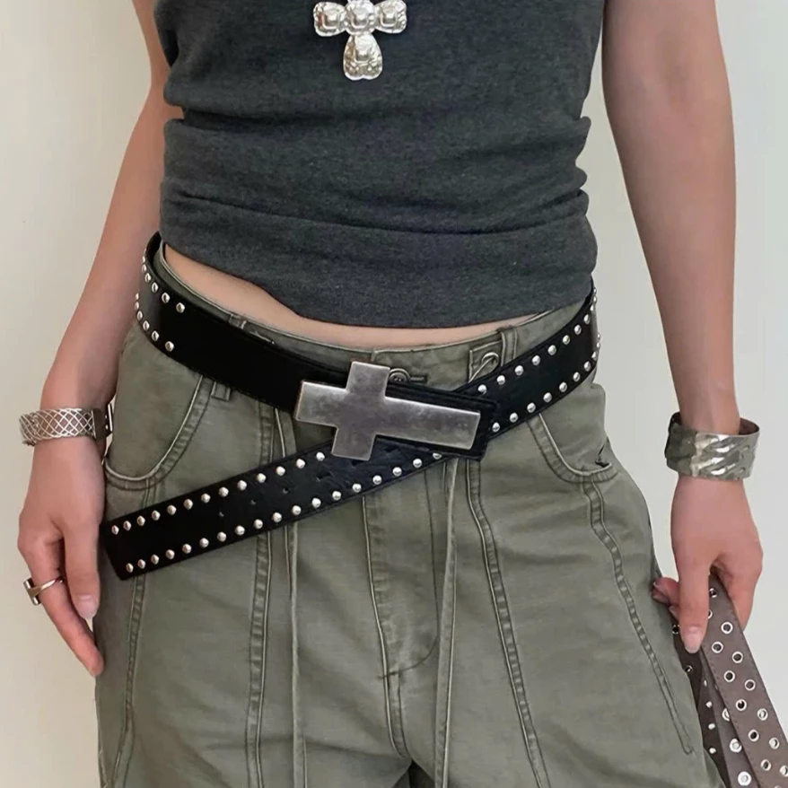 Thắt lưng unisex chữ thập nguyên khối cao cấp đính đá cá tính 🖤 y2k