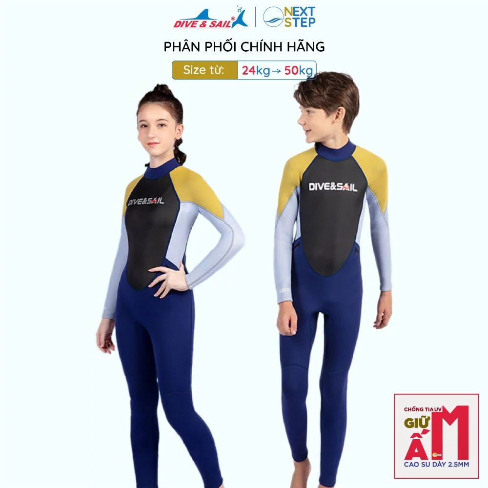 Đồ bơi giữ nhiệt bé gái DIVE AND SAIL chất cao su dày 2.5mm tay dài quần dài giữ ấm, chống tia UV