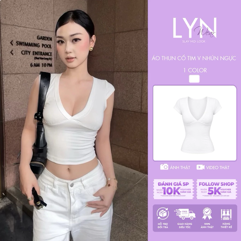 | LYN WEAR | (HOẢ TỐC) Áo Thun Nữ Cổ Tim Chữ V Nhún Ngực Chiết Eo Form Ôm Slim Fit Thun Rib Co Giãn