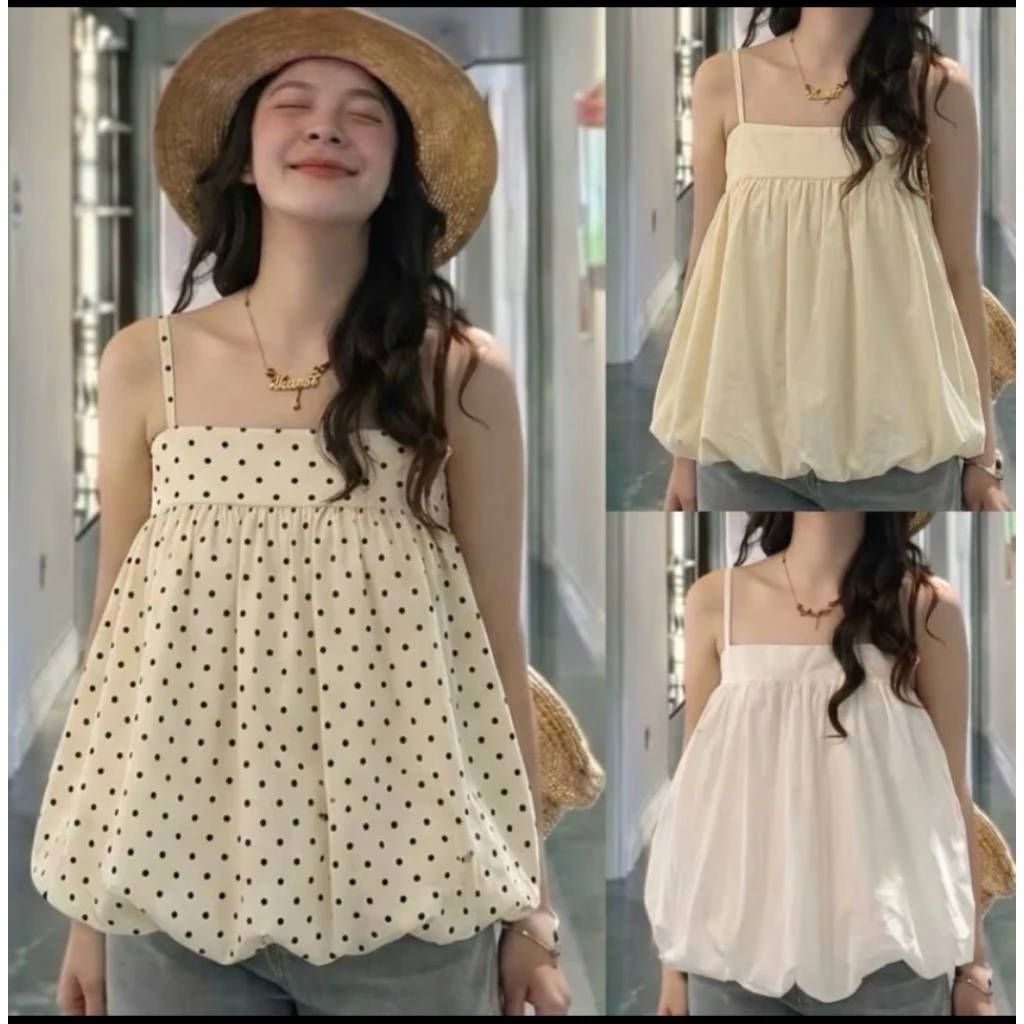 Áo 2 Dây Bí Dáng Rộng Dễ Thương Chất Gió Nhăn mềm mịn_6039