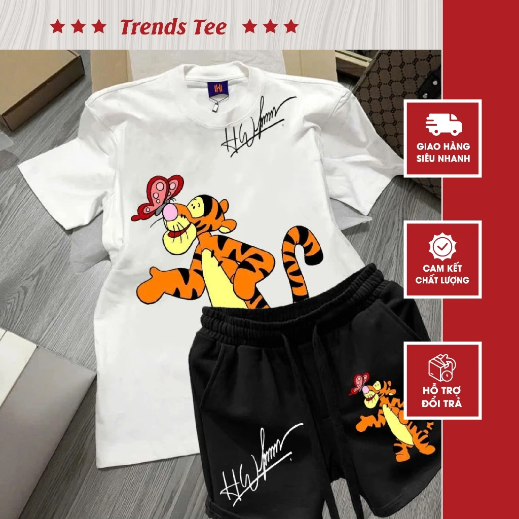 Set Bộ Nam Nữ Form Rộng Áo Cotton 100% & Quần Nỉ Chân Cua Đứng Form Cao Cấp In Hình Hoạt Hình