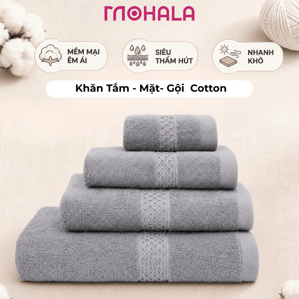 Khăn Tắm, Gội, Mặt Cao Cấp Chính Hãng Mohala, Khăn Tắm Cho Bé và Gia Đình Chất Cotton Mềm Mại, Thấm Hút, Không Kích Ứng.