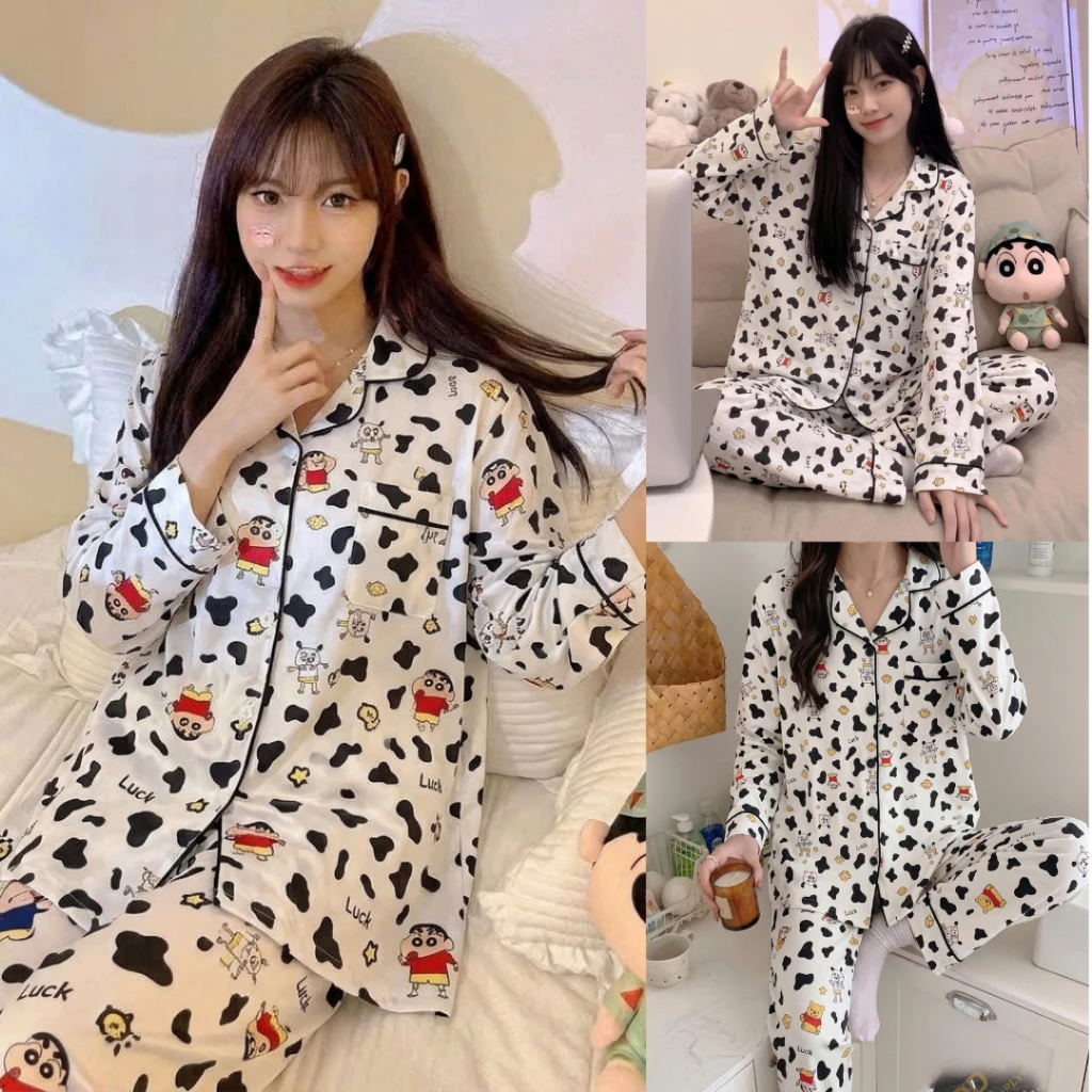Set đồ nữ dài tay in hình shin bò sữa đáng yêu chất đũi mây mềm mịn - Đồ bộ nữ phong cách nhẹ nhàng B59