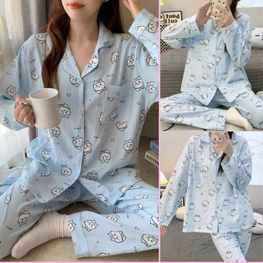 Set ngủ dài tay hình cún xanh dương mặc ở nhà thoải mái B59