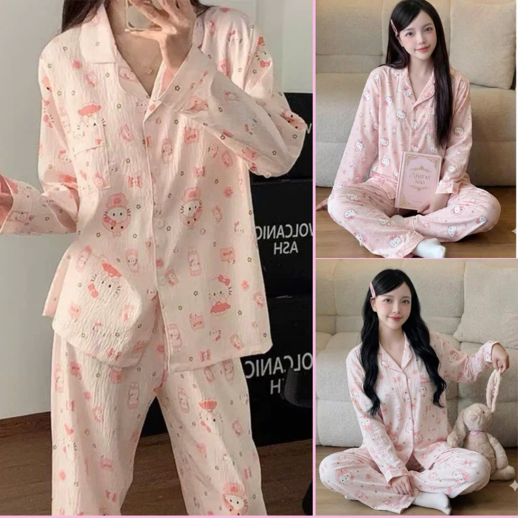 Bộ đồ nữ họa tiết kiity hồng siêu xinh  - Set đồ mặc đi ngủ áo kiểu kèm quần ống rộng B59