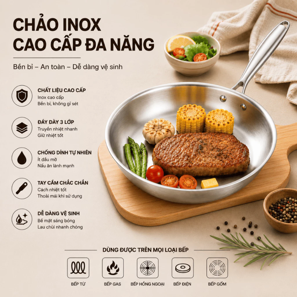 Chảo Inox Nguyên Khối 3 Lớp 26cm Không Phủ Chống Dính Dùng Cho Mọi Loại Bếp
