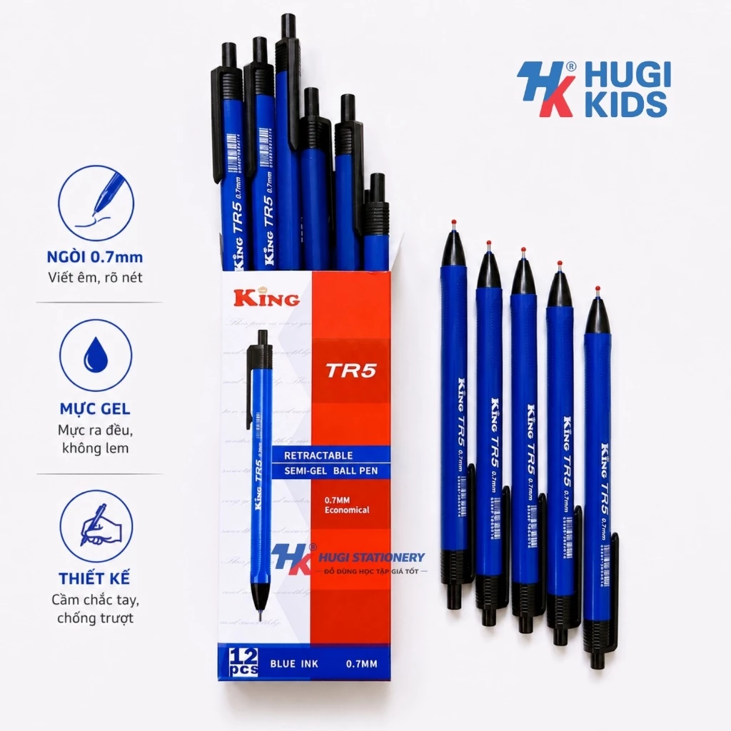 Hộp 12 Bút Bi King TR5 Ngòi 0.7mm – Mực Xanh, Viết Êm, Không Tắc, Mực Đậm Đều