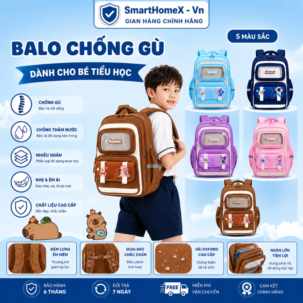 Balo chống gù Capybara cho bé tặng kèm móc treo Cặp sách chống nước, có phản quang, 3 ngăn rộng rãi