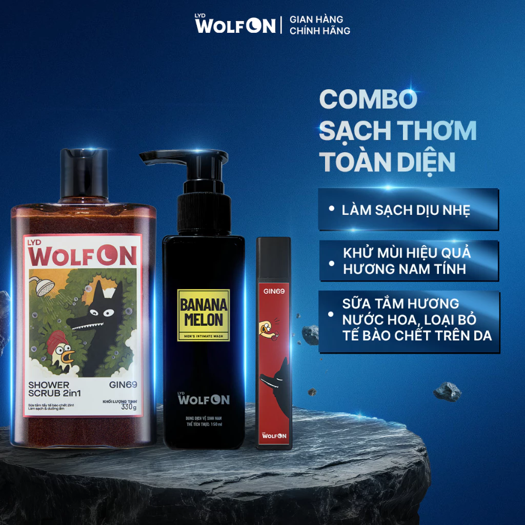 Combo Nam Tính Toàn Diện LYD Wolf On - Sữa tắm Gin 69, Dung Dịch Vệ Sinh Nam Giới 150ml, Xịt Khử Mùi