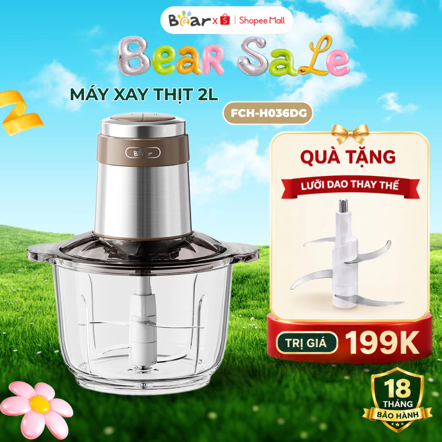 Máy Xay Thịt 2L Bear FCH-H036DG, 300W, Đa Năng Xay Tỏi Ớt, Sinh tố, 4 Lưỡi Dao Inox, BH 18 Tháng