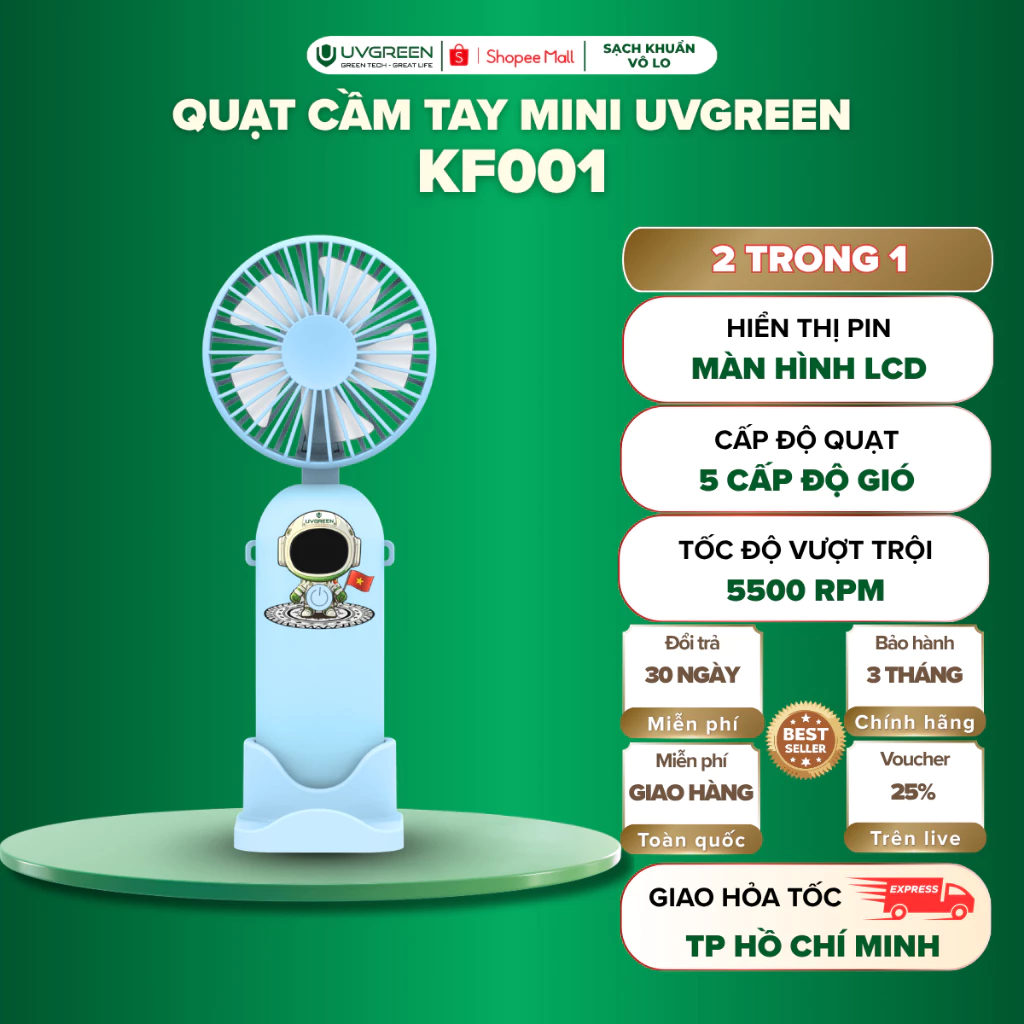 Quạt Cầm Tay Mini UVGREEN KF001, Động Cơ Không Chổi Than Siêu Tốc 5500 RPM Màn Hình LCD Hiển Thị Pin