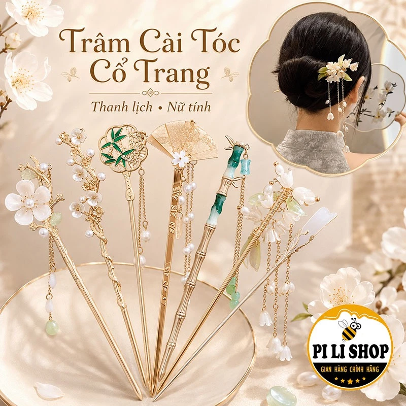 Trâm Cài Tóc Cho Nữ Phong Cách Trung Hoa Thanh Lịch, Phụ Kiện Cài Búi Tóc Cổ Trang Đính Hoa Tua Rua