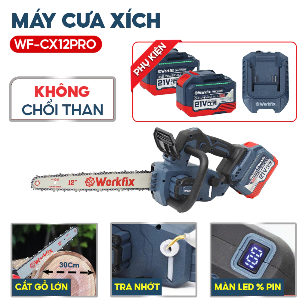 Máy cưa xích dùng xăng WORKFIX WF-CX12PRO, Công suất 900W, Lam 12INCH, Động cơ xăng 2 thì 25.4CC mạnh mẽ