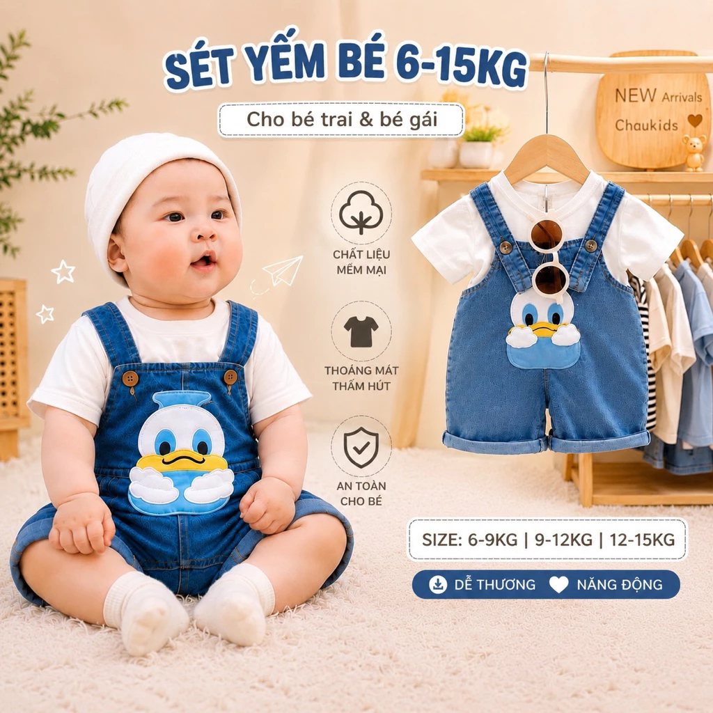 sét yếm kèm áo trắng cho bé trai bé gái , yếm jean cho bé 5-15kg