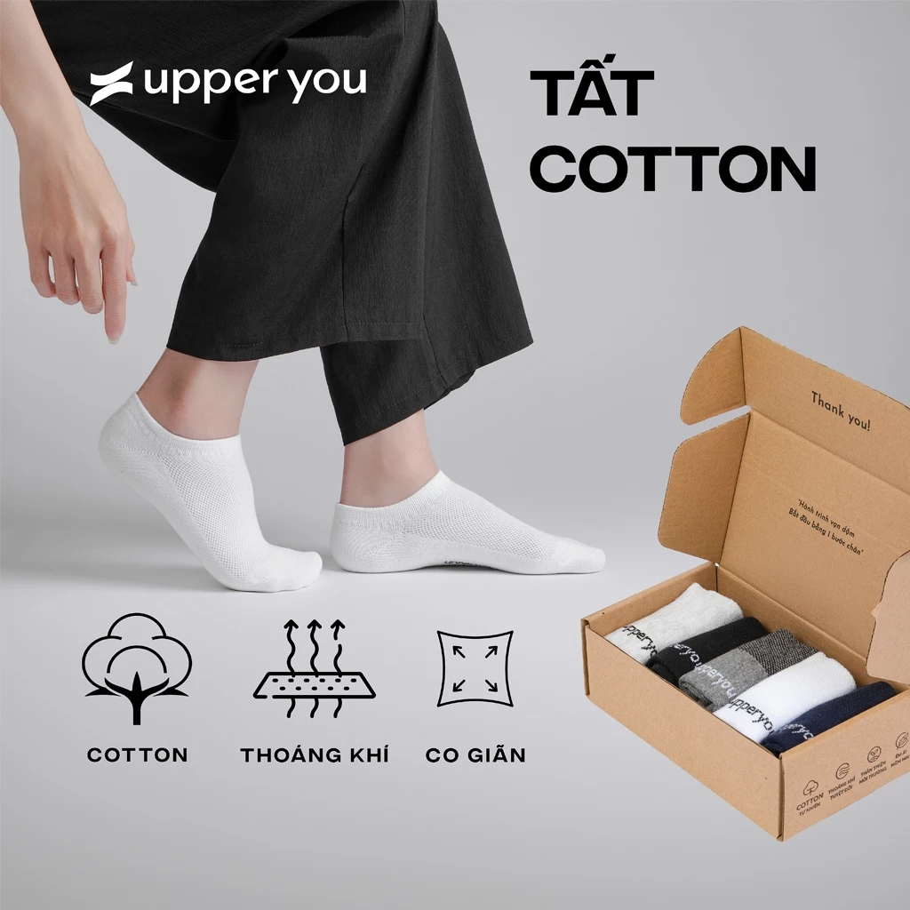 Hộp 5 Đôi Tất Vớ Lười Nam Nữ Cotton UPPER YOU Dệt Lưới Thoáng Khí Dày Dặn Êm Chân Hút Ẩm - BSF1005
