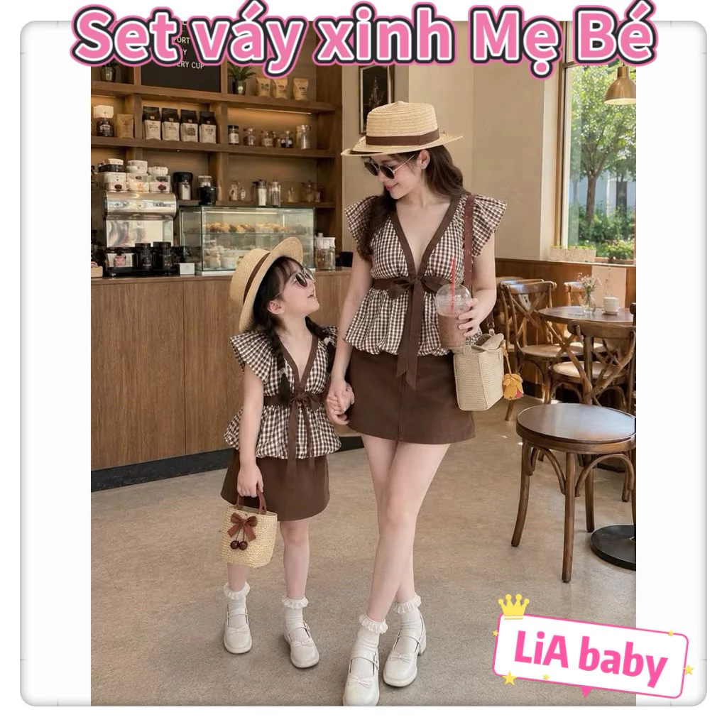 [Siêu xinh] Set váy mẹ và bé caro búp bê nơ ngực kèm cv kaki siêu xinh đi chơi đi dạo(9-40kg)-A95