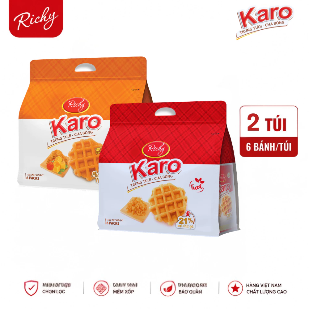 [SVIP] Combo 2 Bịch Bánh Richy Karo Hoàng Kim Phô Mai, Sợi Gà Truyền Thống (6 bánh/túi)