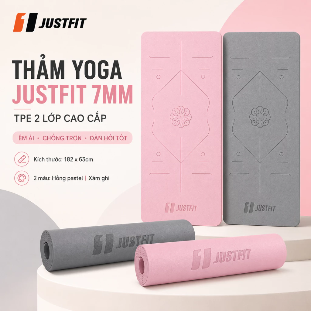 Thảm Yoga JUSTFIT 182x63cmx7mm TPE 2 Lớp Cao Cấp - Thảm Tập Gym Pilates Chống Trơn, Định Tuyến Hỗ Trợ Tư Thế