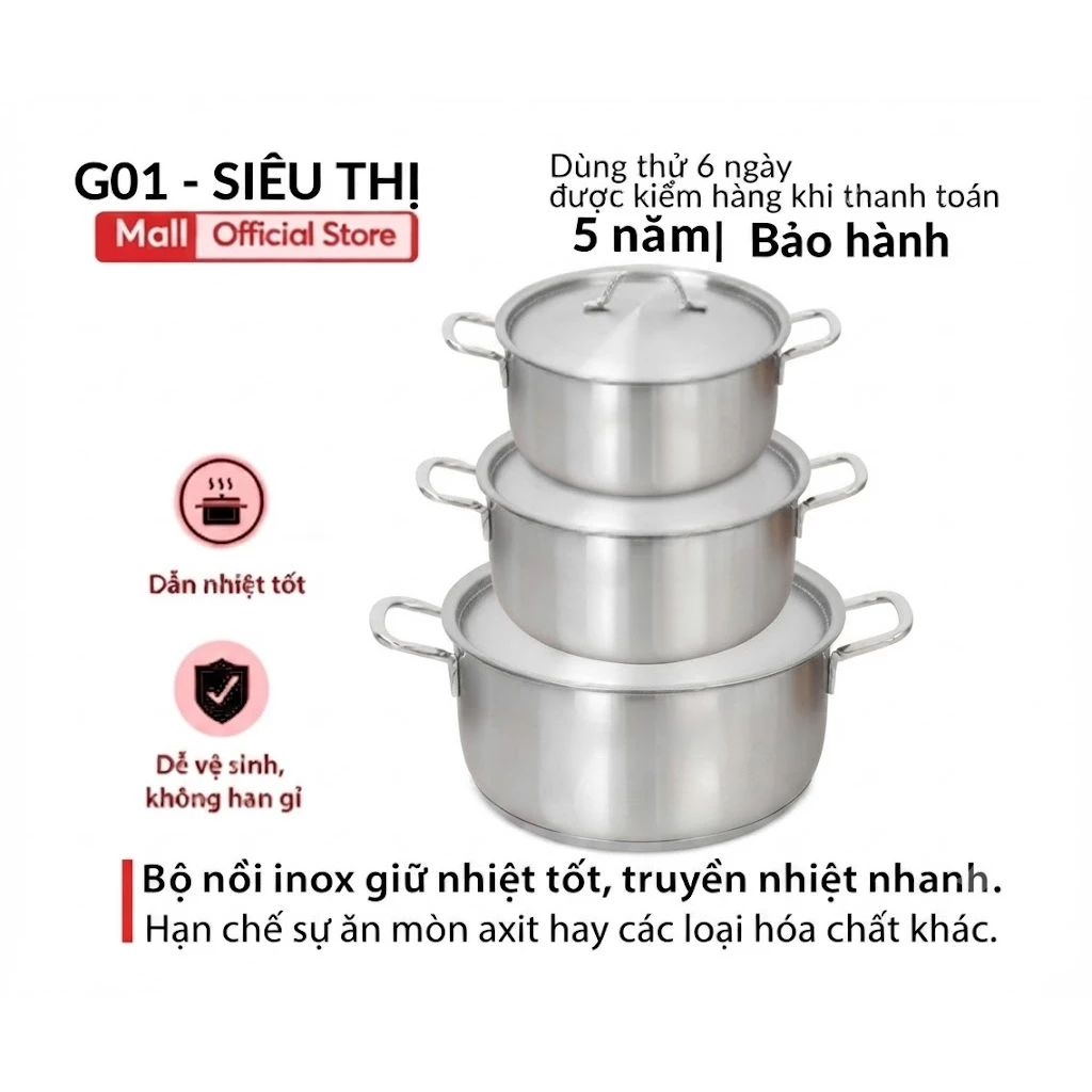 Bộ 3 nồi Inox Cao Cấp dùng được cho bếp từ đế dày dặn an toàn