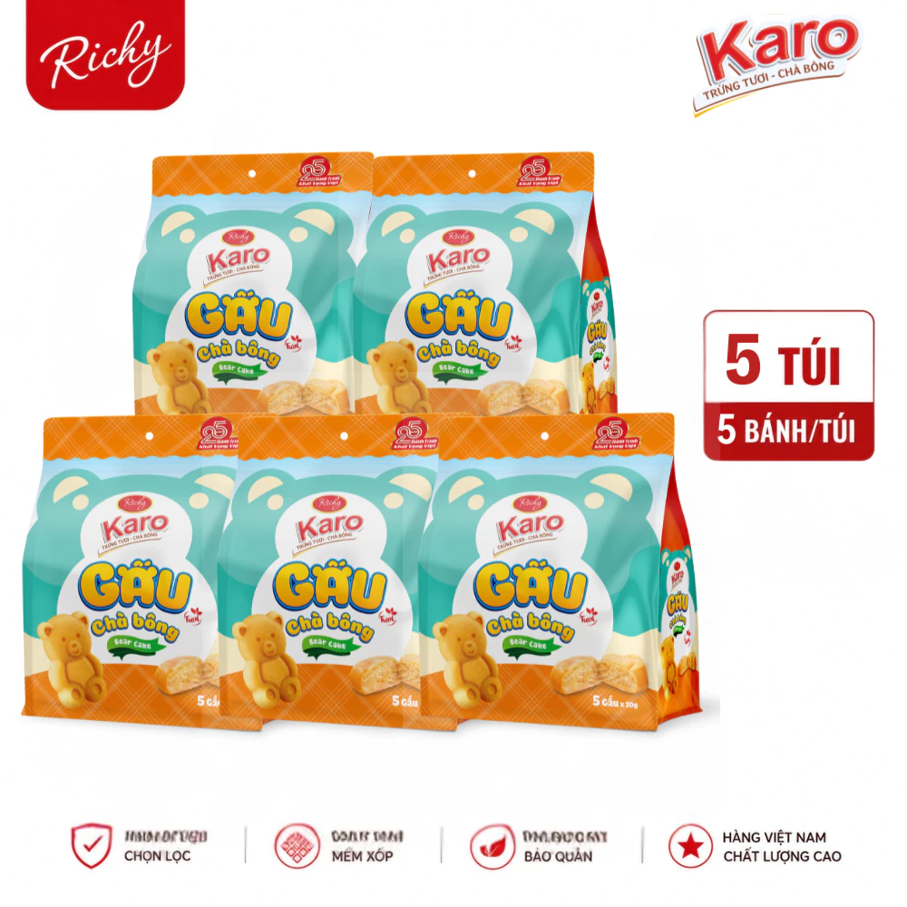 [SVIP] Combo 5 Bịch Bánh Tươi Richy Karo: Chà Bông Sợi Gà,Phô Mai Hoàng Kim, Bánh Mì Hoa Cúc & 2 Loại Karo Gấu