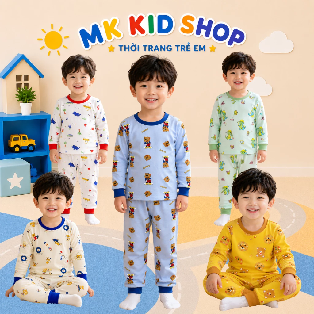 Bộ Thu Đông Cho Bé 7-25Kg Bộ Thun Lạnh Dài Tay Mềm Mát Cho Bé Trai Bé Gái in họa tiết dễ thương