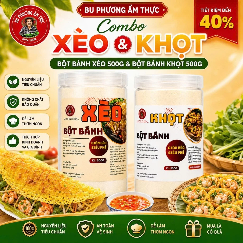 Combo Bột Bánh Xèo 500G + Bột Bánh Khọt 500G Bu Phương Ẩm Thực | Làm Bánh Giòn Ngon Chuẩn Vị.