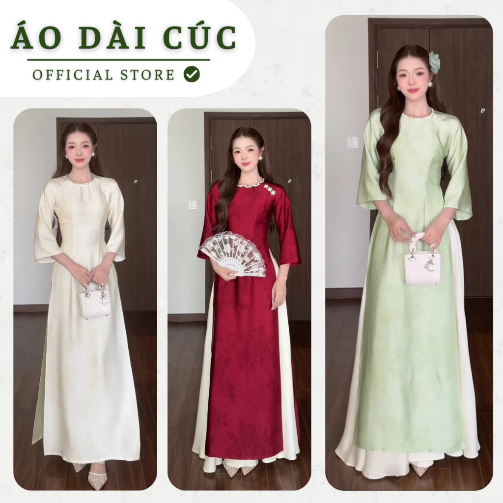 Áo dài TỊNH GIAO ,áo dài truyền thống tết cổ , đính charm cách điệu,tay loe tà dài rộng chữ A dịu dàng- Áo Dài Cúc