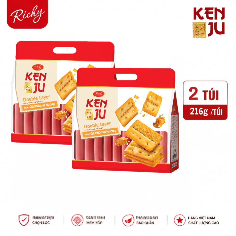 [SVIP] Combo 2 Túi Bánh Quy Giòn Kenju 2 Lớp Vị Gà Phô Mai Nướng x 216g/túi (16 gói)
