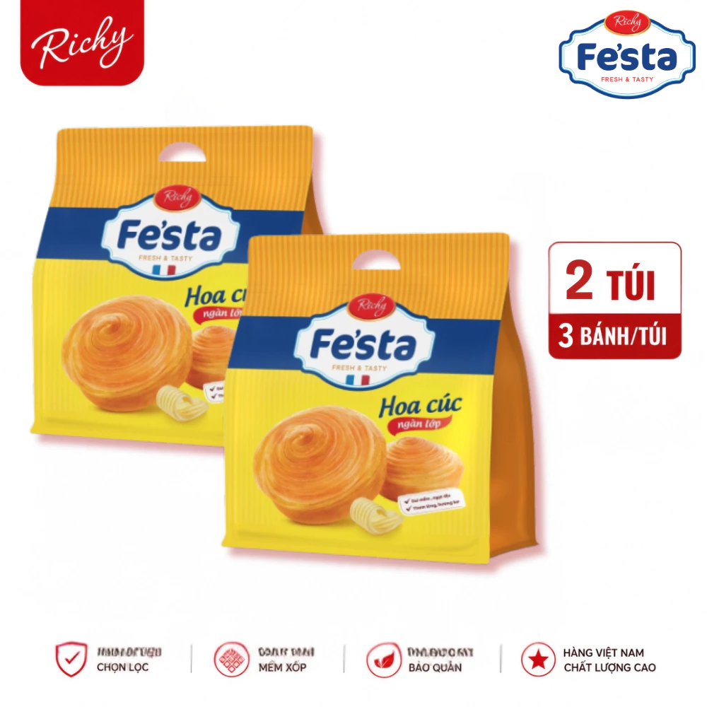 [SVIP] Combo 2 Túi Bánh Mì Hoa Cúc Ngàn Lớp Fe'sta Richy Vị Nguyên Bản Bơ Trứng Sữa (3 bánh/túi)