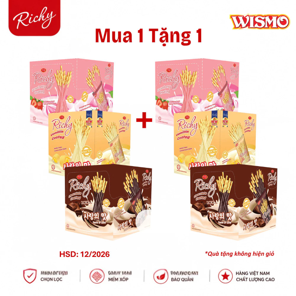 [SVIP] [Mua 1 Tặng 1 - HSD: Tháng 12/2026] Bánh Que Giòn Richy Wismo Hộp 400g (20 gói/hộp) Vị Vani/Dâu/Socola